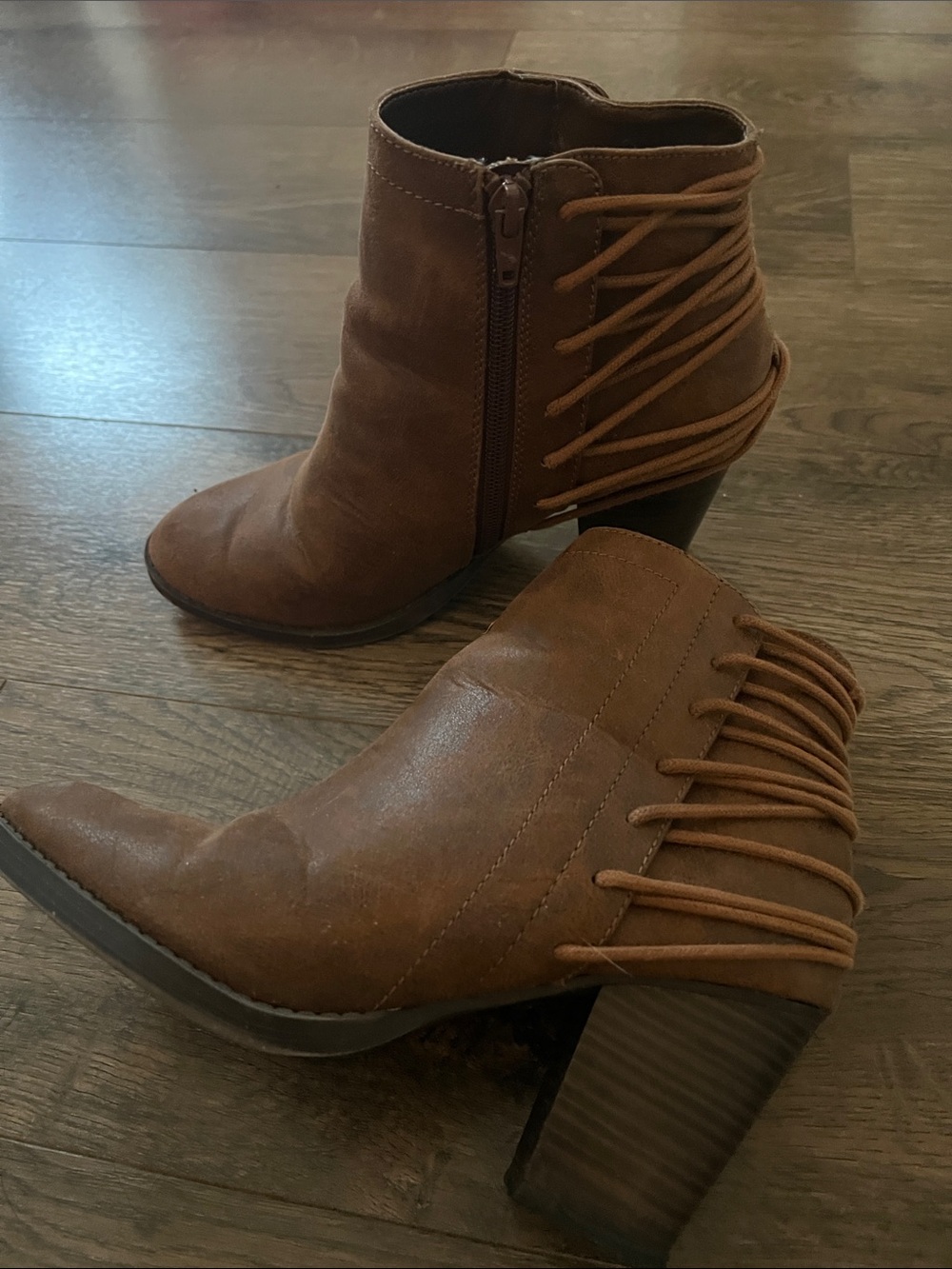 Candie's Brown Lace-Wrap Ankle Booties with Stacked Heel
